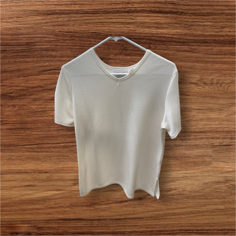 Women Vintage Kathie Lee Collection White V-neck Short Sleeve Blouse